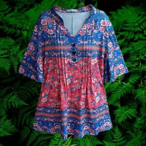 HOCOSIT Floral Print Short Ruffle Sleeve Pleated Front V Neck Button Top Size XL